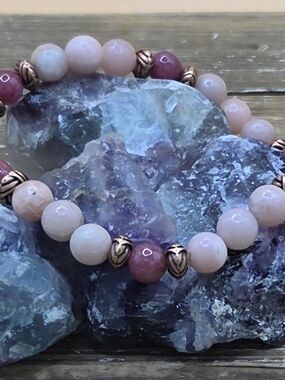 Pink Opal, Thulite And Copper Beaded Bracelet